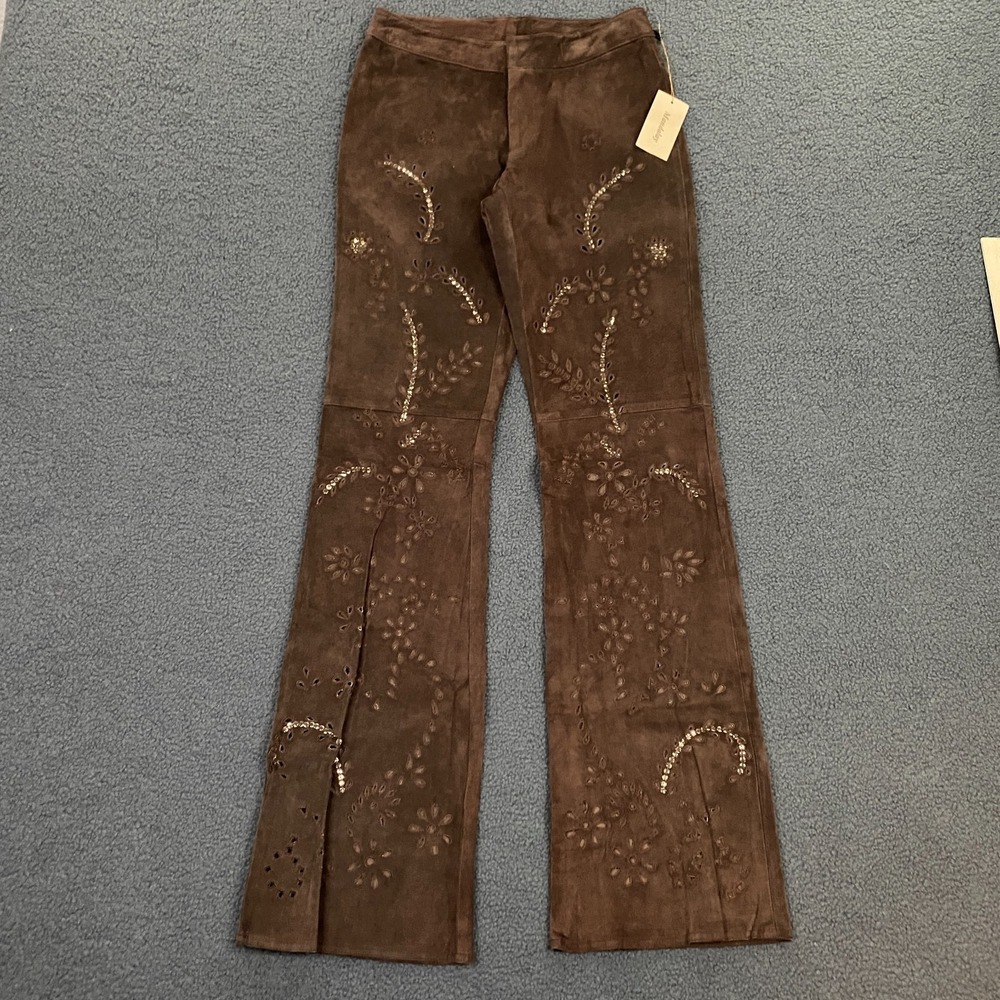VTG Y2K Mandalay Leather Pants size 2 Brown Suede Bootcut Sequin Eyelet Western